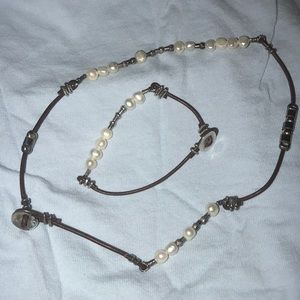 Silpada freshwater pearl, leather and .925 set